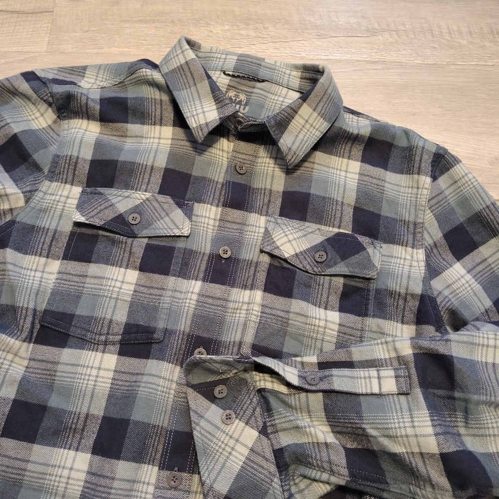KUIU Flannel Shirt Large TALL Blue Plaid Tall Cotton Wool Blend Long Sleeve EUC